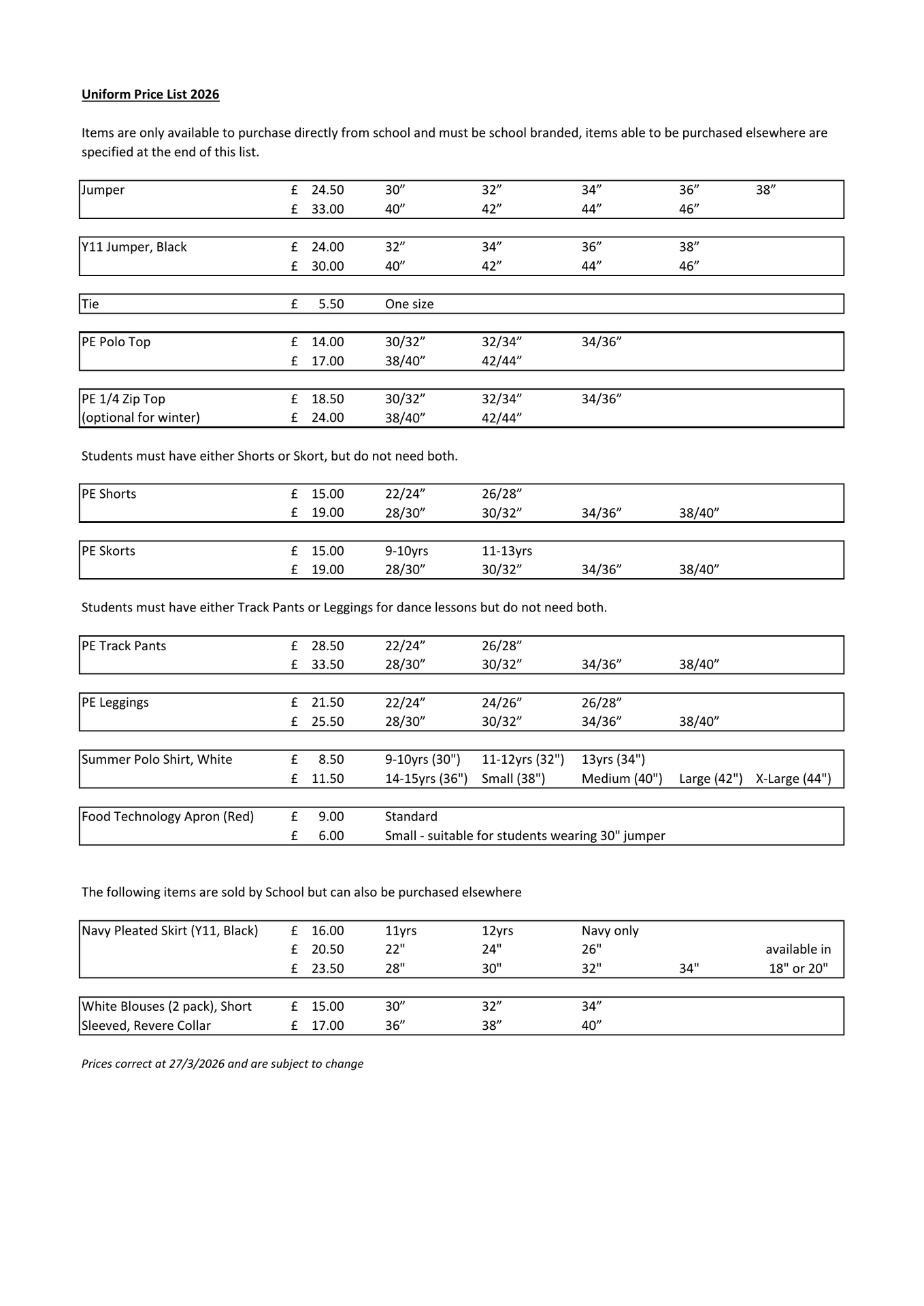 Uniform size and price list preview