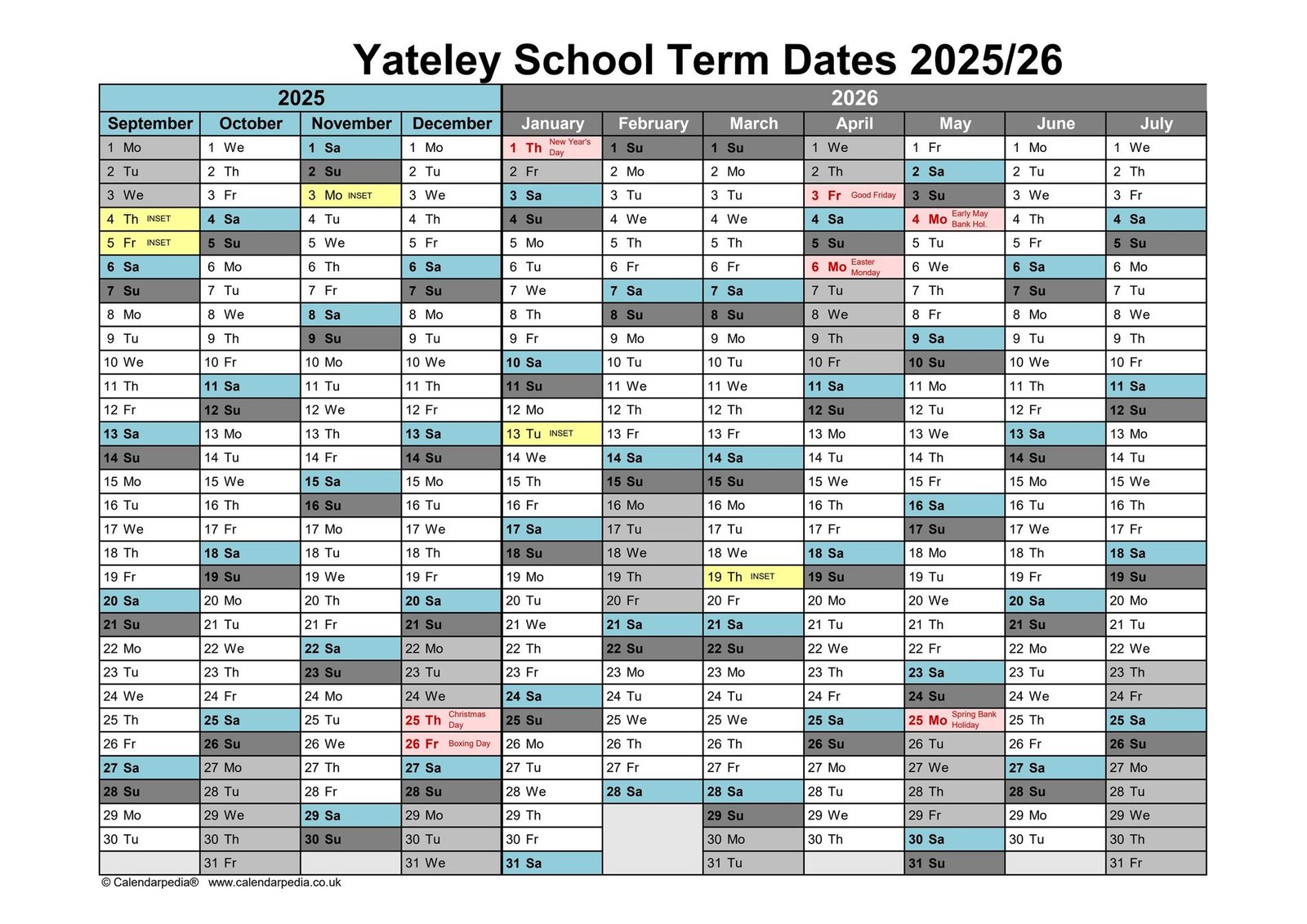 Yateley School term dates 2025 to 2026