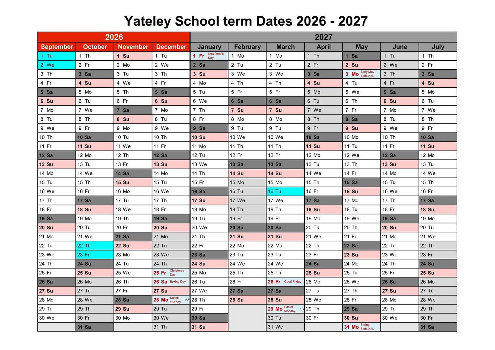 Yateley School term dates 2026 to 2027