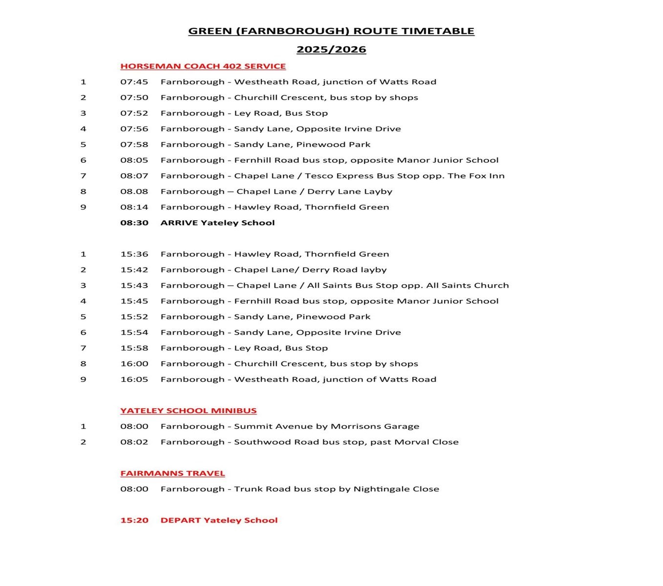 Green route timetable