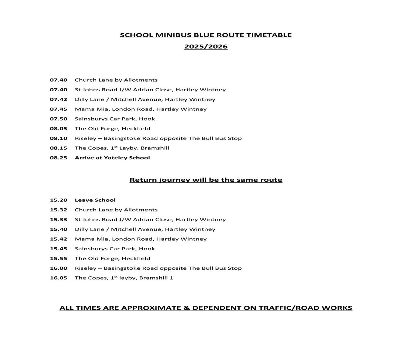 Blue route timetable