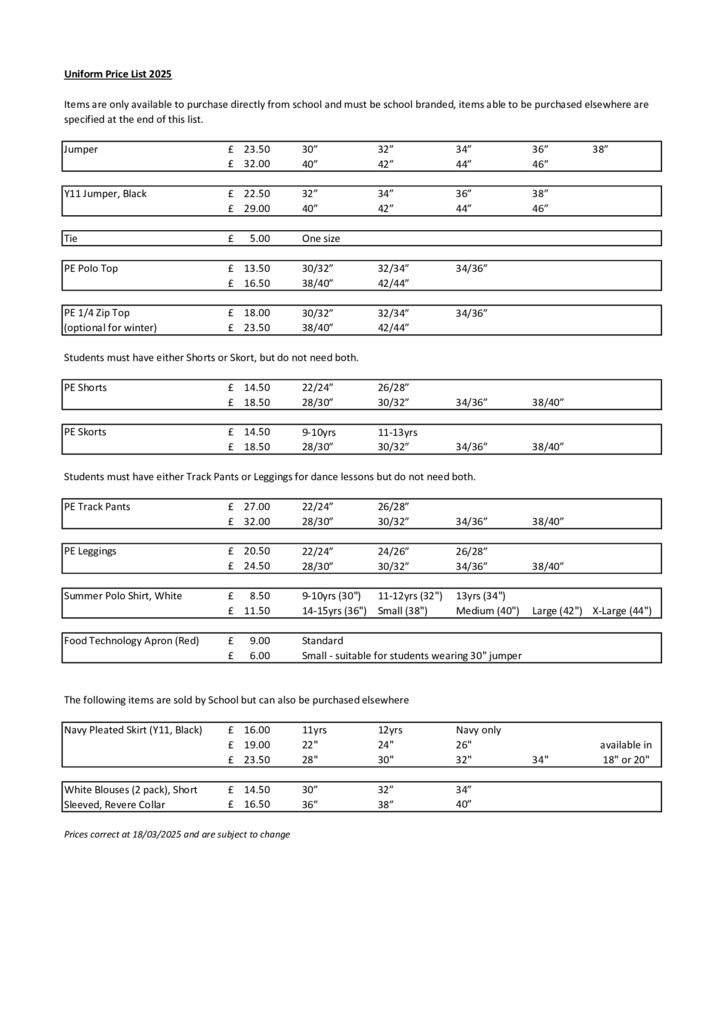 thumbnail of Uniform Size and Price List 18.3.25