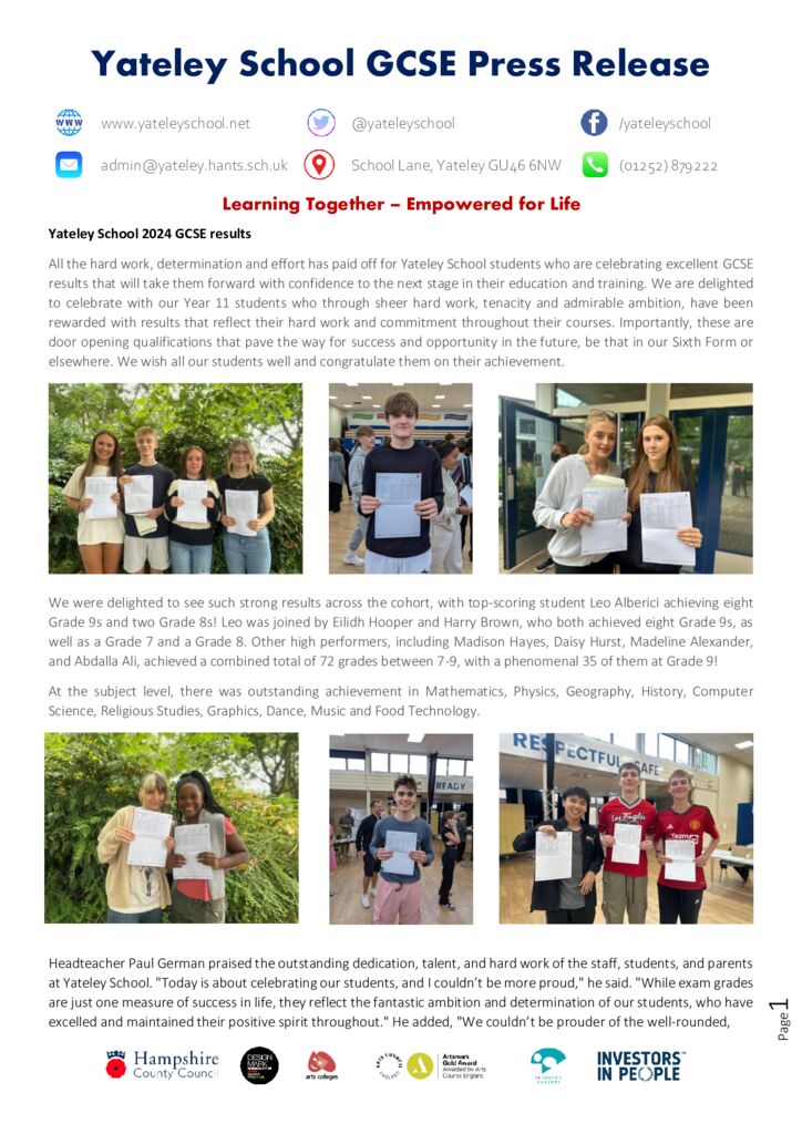 thumbnail of Yateley School 2024 GCSE results press release.V2